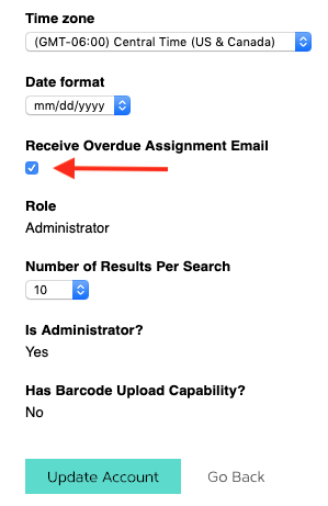 Image of a checkbox within a Users account setting page enabling them to toggle overdue assignment emails on & off