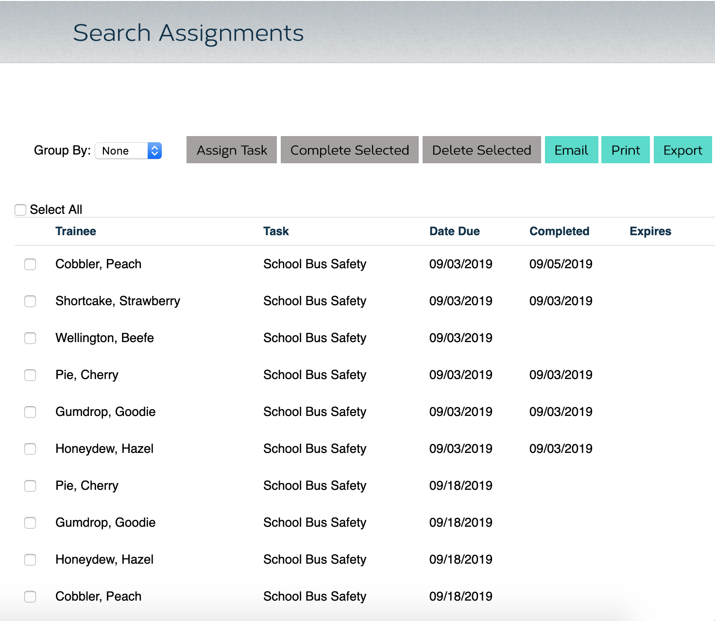 A Training Tracker web interface where users can view and manage a list of assignments.