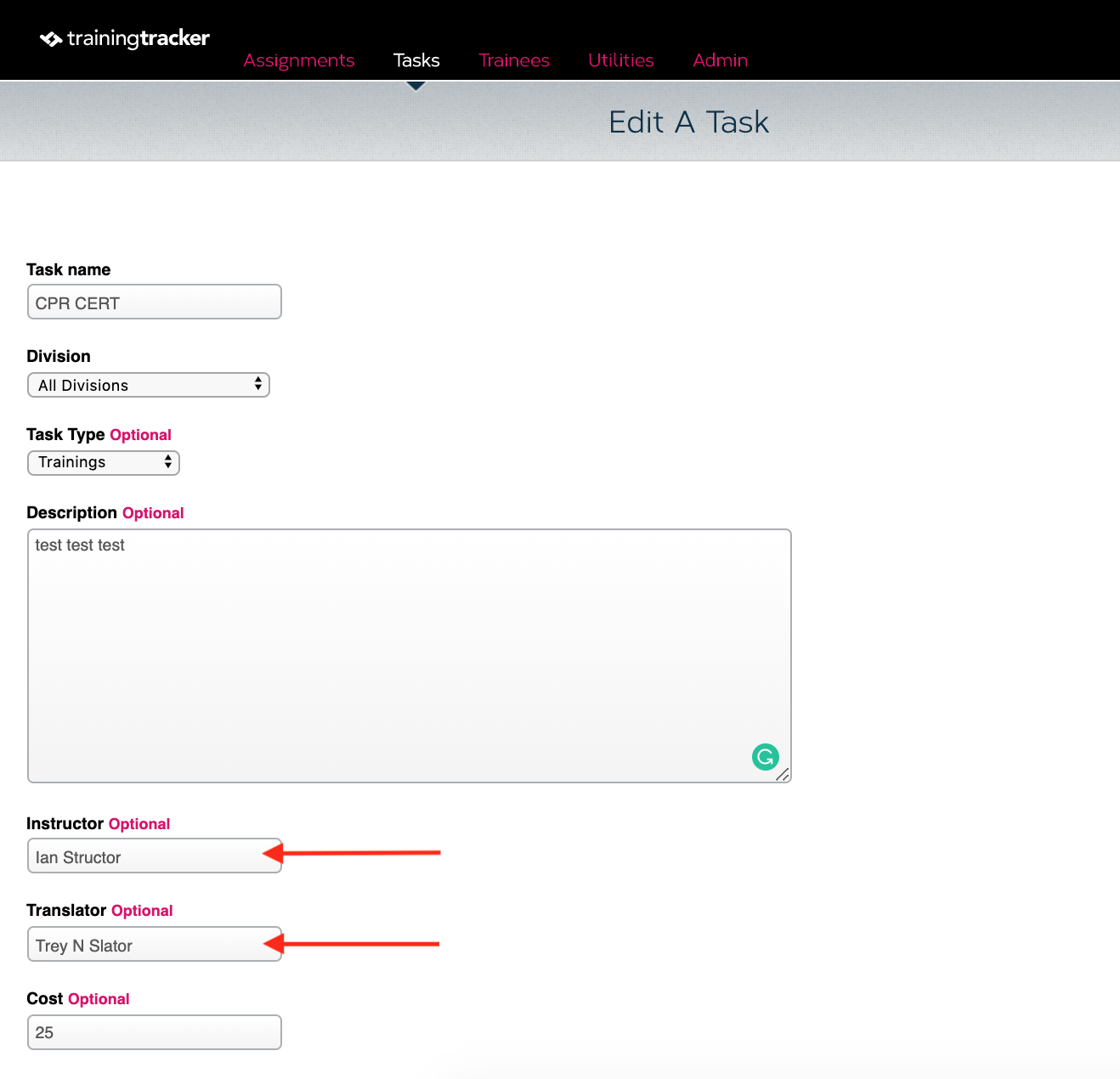A screenshot showing the Training Tracker page that allows users to edit a tasks attributes