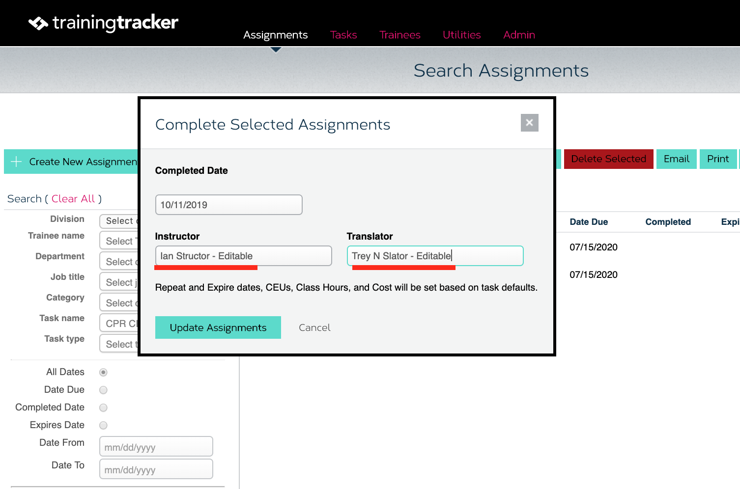A screenshot showing the Training Tracker interface that allows a user to complete selected trainee assignments in bulk
