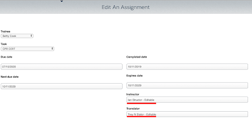 A screenshot showing the Training Tracer interface allowing a user to set a tasks instructor / translator at a per Assignment level.