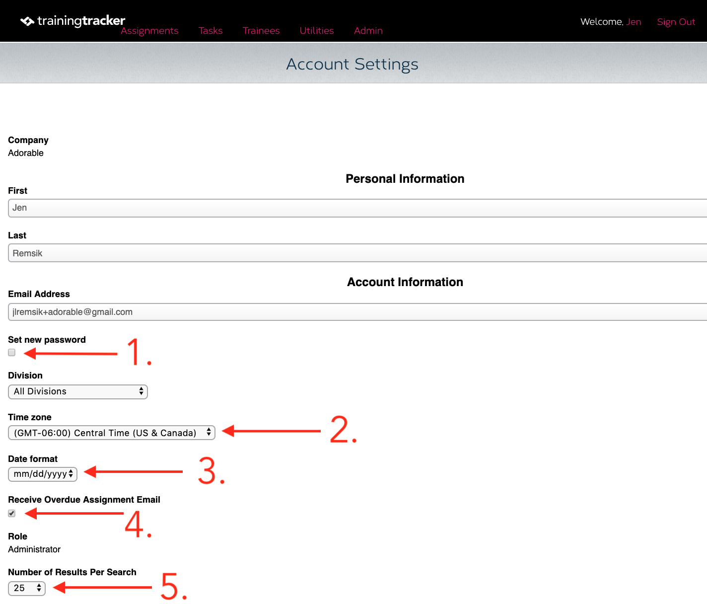Image shows the Training Tracker 'Account Settings' page where a User can go to update their account. The image contains a number of red arrows that point out elements corresponding to the numbered list above.
