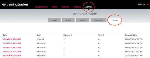 As an Training Tracker account admin you can click on the 'Admin' link in the navigation, to access the 'Email' utilities tab. This page shows the all the mass emails that were sent from a companies account