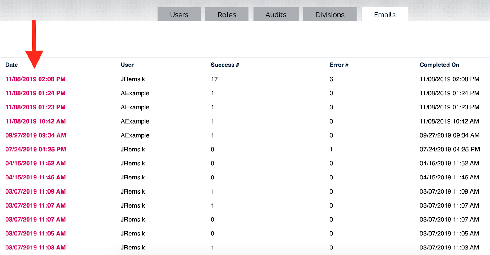 A mass emails detail view shows what specific emails the training email was delivered to, and at what time the email was delivered to.