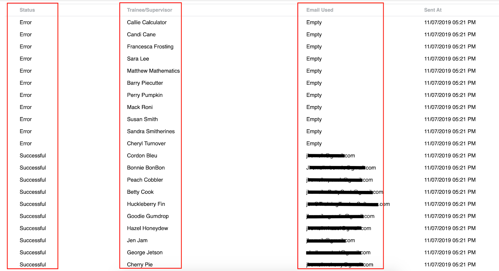 From a mass email detail page, displayed is a timestamp showing when the email was delivered, which trainee it was meant to be delivered to, and the email used