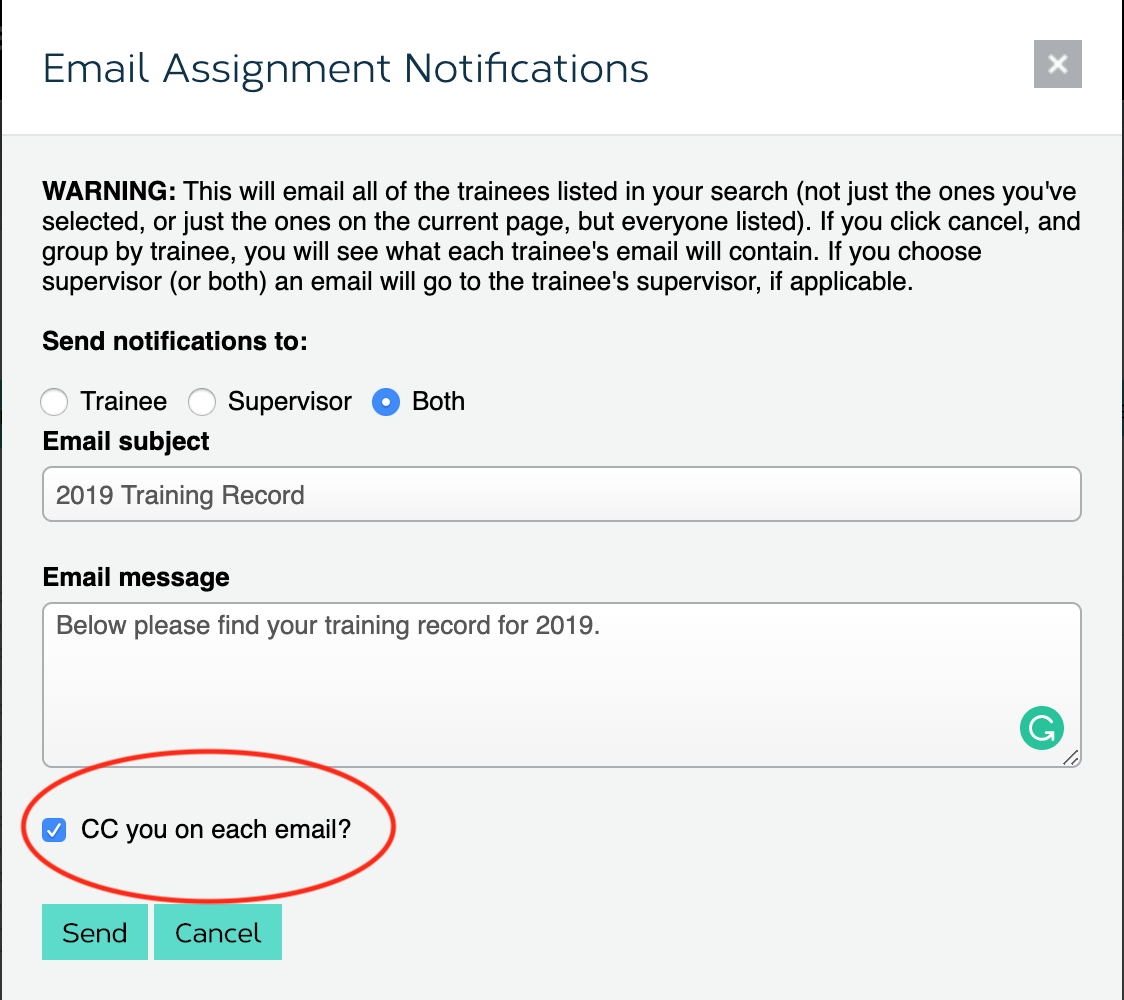 The mass email form showing that a mass email can be created in way such that the User creating the mass email can be CC'ed on each email delivered by Training Tracker