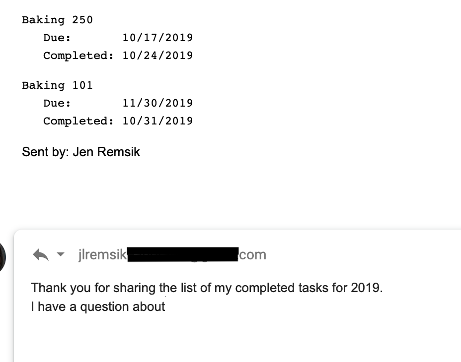 A screen shot of a mass email delivered to a trainee by the Mass Email feature