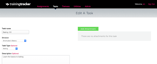 The Training Tracker Task form allows a User to attachment documents to Tasks