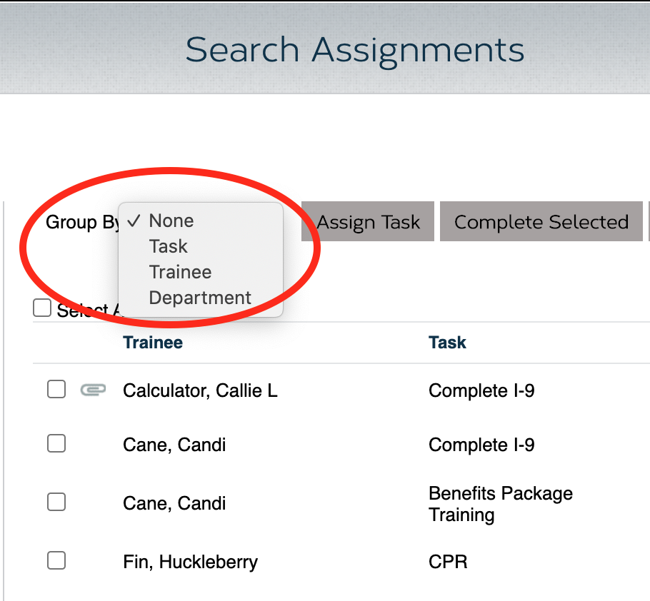 The assignment index has a drop down allowing the user to group the presented assignments based on the Task, the Trainee, or the Trainees Department
