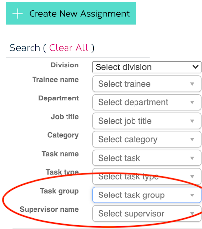 The assignment index has a select field allowing the user to filter the assignments based on the assigned tasks group