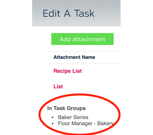 A tasks detailed view page displays the different task groups that a task has been assigned to.