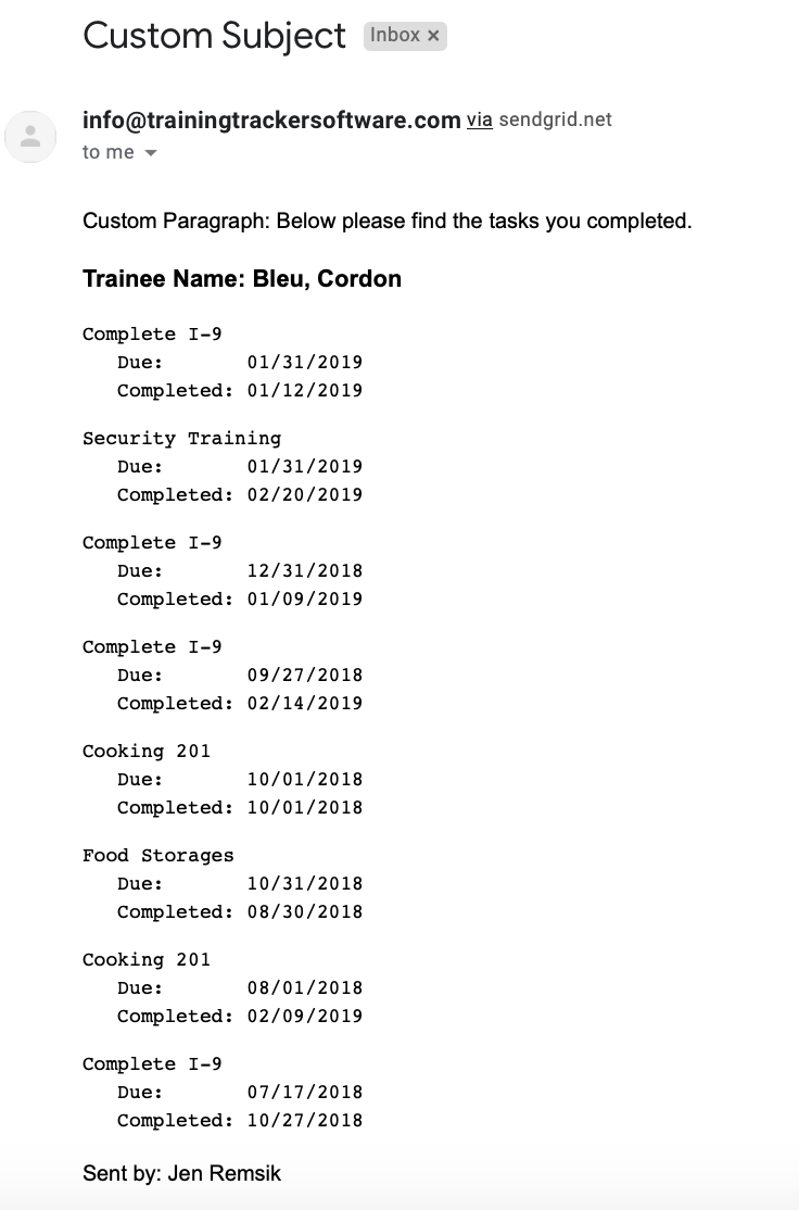 A sample email sent by Training Tracker to a Trainee displaying their outstanding assignments