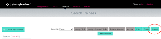 Each index has an 'Import' button where a user can bring up a form allowing them to import records of various types.