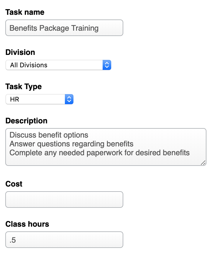 A Task form showing that a decimal point number can be submitted for a tasks assigned 'Class Hours'.