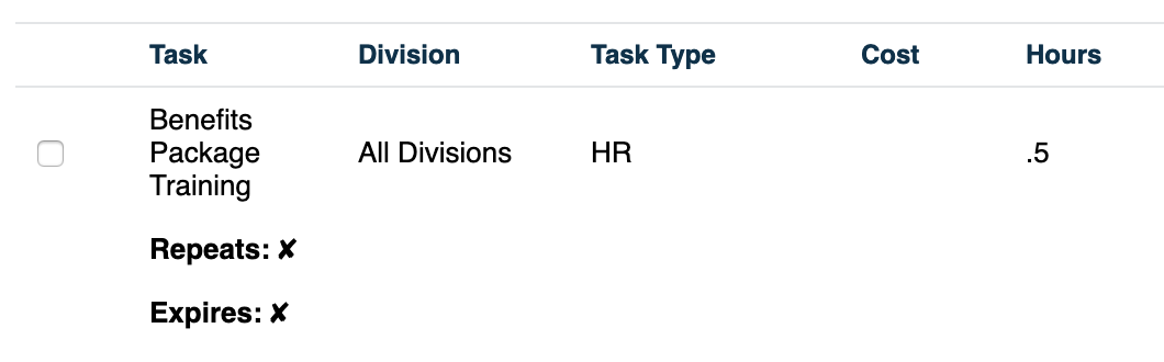 A Task depicted on the Task index that has 30 mins of class hours.
