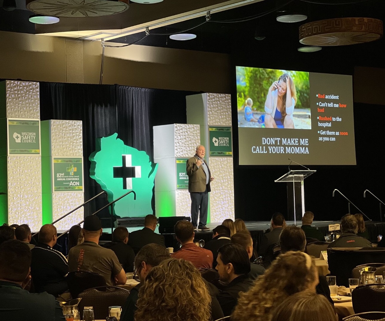 Photo provided by the Wisconsin Safety Council: Keynote speaker Wylie Davidson center stage.