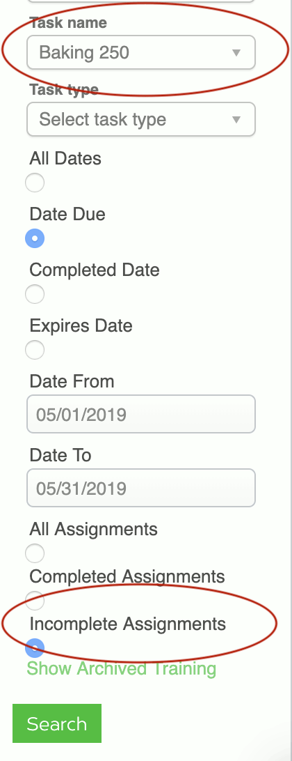How to filter the list of assignments down to "Incomplete" assignments for a specific task