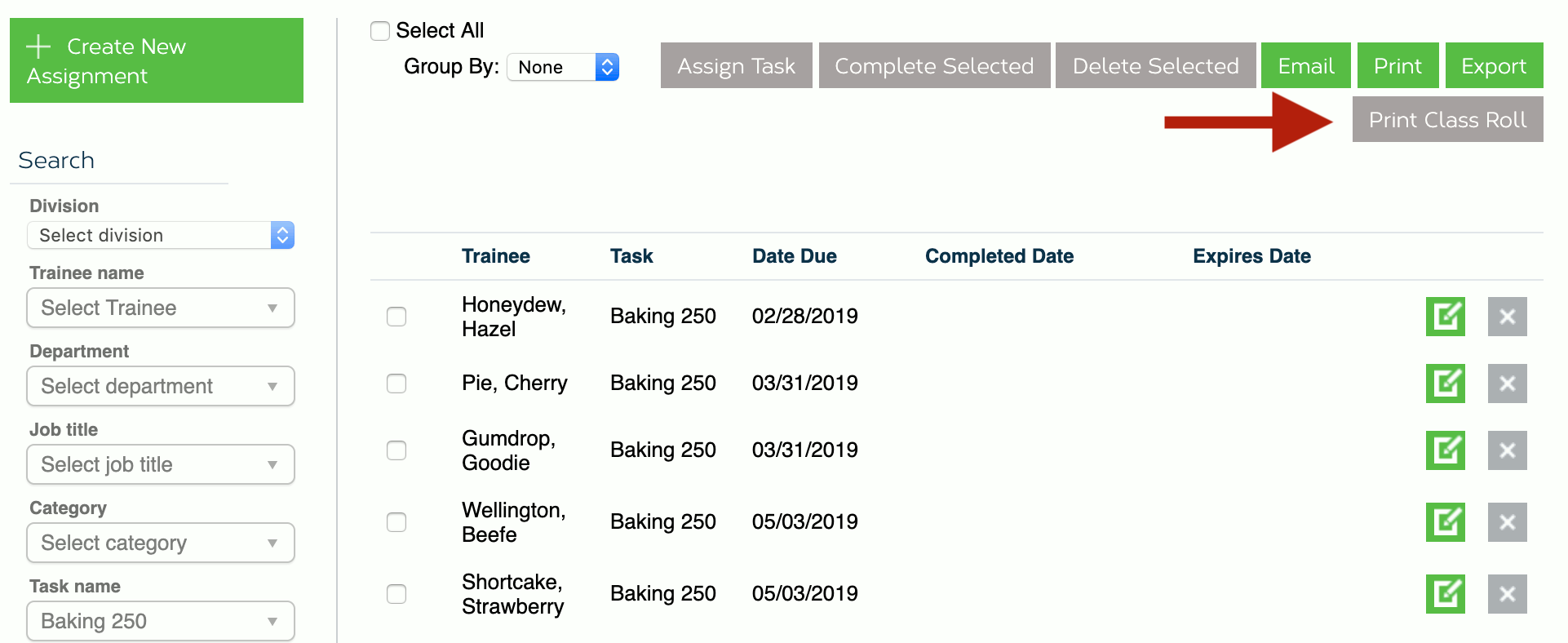 After filtering the list of assignments, Click on the button labeled "Print Class Roll" 