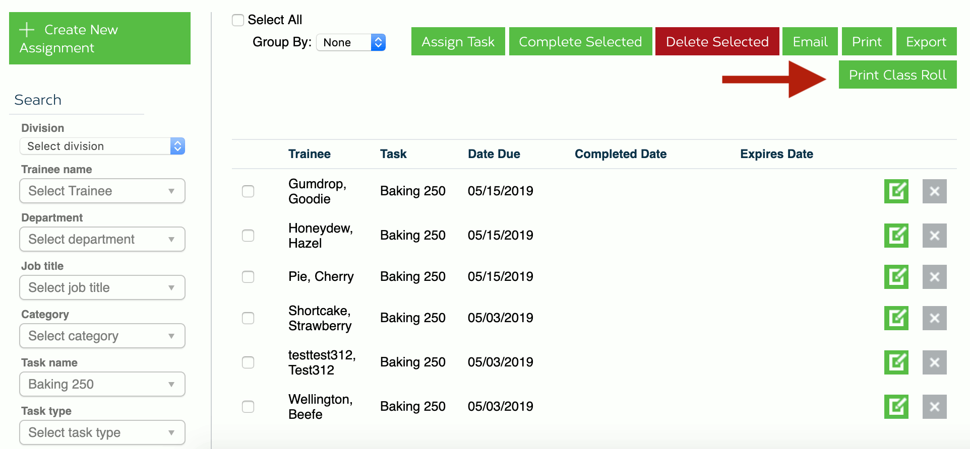 Print class roll button will only be clickable after filtering the list of assignments