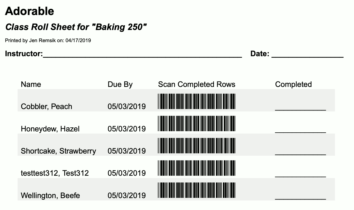 A generated class roll sheet complete with scannable barcodes for each trainee assignment