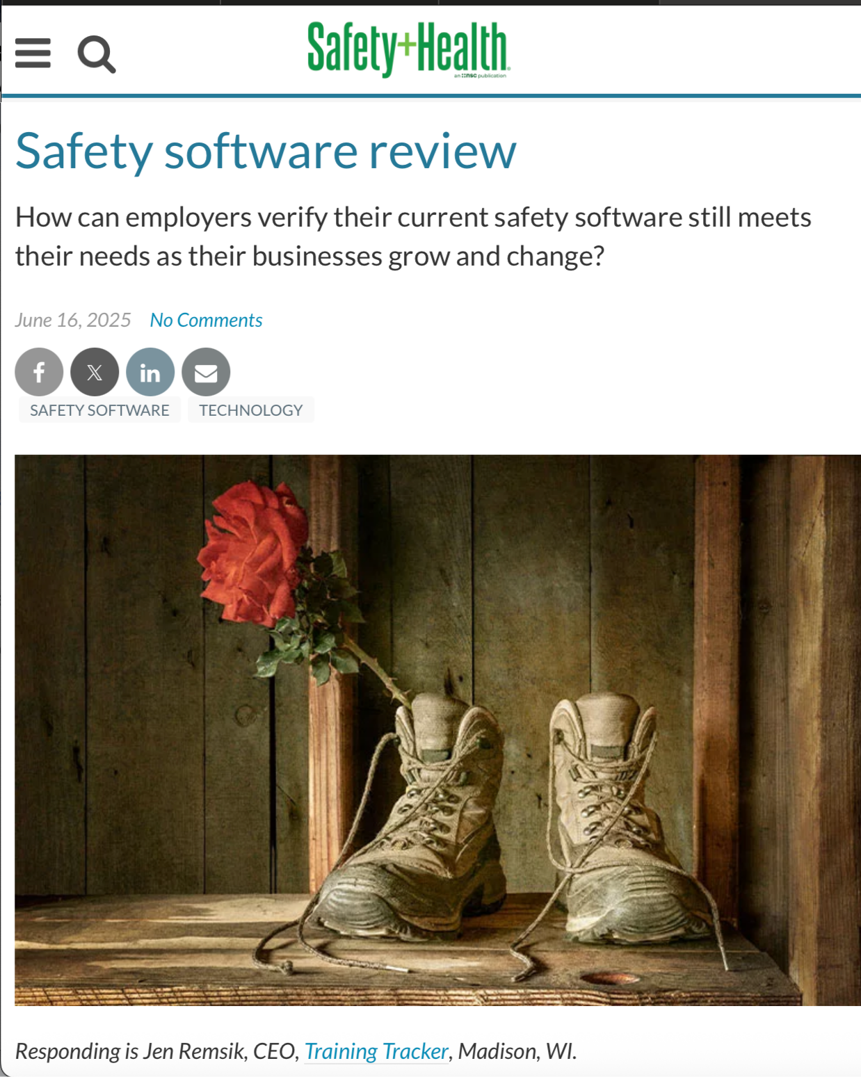 Screenshot of a Safety+Health magazine article titled 'Safety software review' with the subheading 'How can employers verify their current safety software still meets their needs as their businesses grow and change?' dated June 16, 2025. The main image shows a pair of worn brown leather work boots on wooden planks with a red rose in one of the boots. Below the image is a caption that reads 'Responding is Jen Remsik, CEO, Training Tracker, Madison, WI.