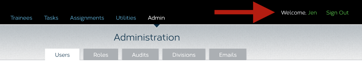 A red arrow pointing at a link in the upper right corner of the Training Tracker user interface that leads to the Users account page