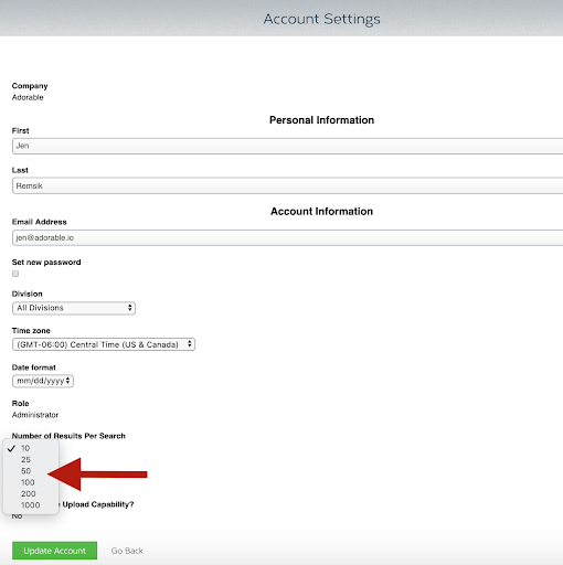 A red arrow pointing at a select field within a users account page. The select field has numeric options that allow a user to customize how many records are shown per page.