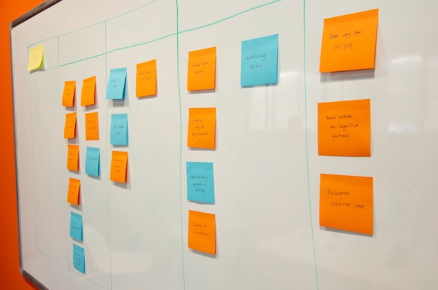 A whiteboard covered with orange and blue sticky notes organized in columns with green tape lines, representing a structured workflow or accountability system for team planning and task management.