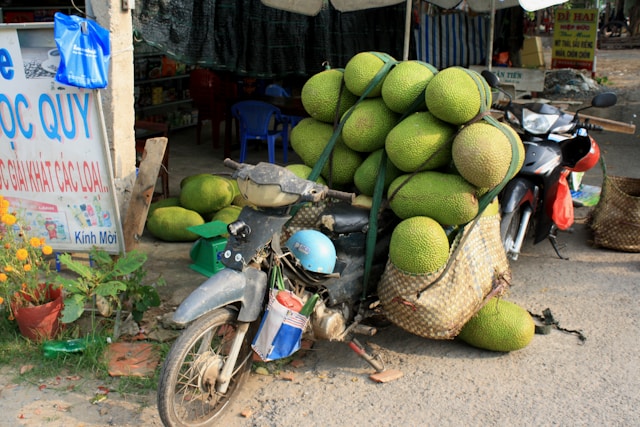 A motorbike heavily laden with large green pomelos (citrus fruits) stacked high on the seat and in woven baskets, parked at a Vietnamese street market. Additional pomelos sit on the ground nearby. A blue sign with Vietnamese text is visible on the left, and market stalls can be seen in the background.
