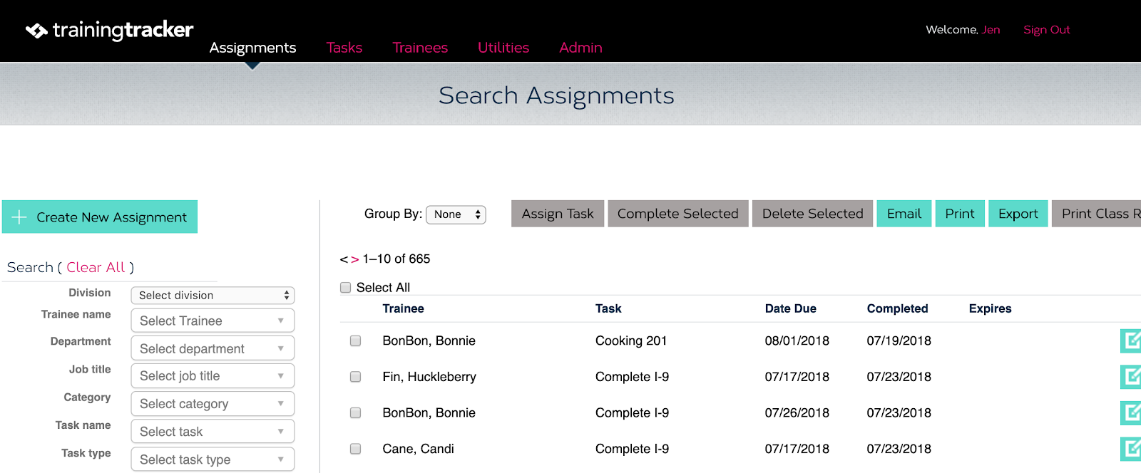 A screenshot of the Assignments index page showing the assignment table